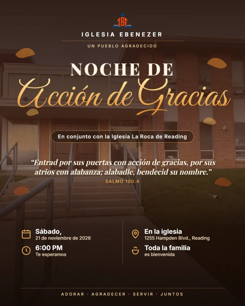 Cartel: Noche de Acción de Gracias, sábado 21 de noviembre de 2026 a las 6:00 PM, en conjunto con la Iglesia La Roca de Reading.